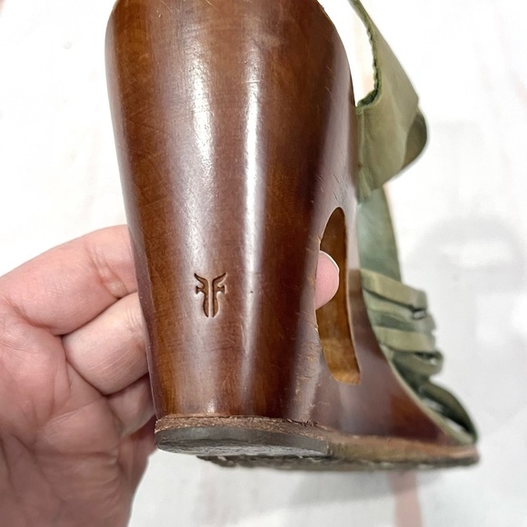 Frye Leather T-Strap Braided Gabrielle Gladiator Wood Cutout Wedge Heel Sandals - Picture 10 of 12